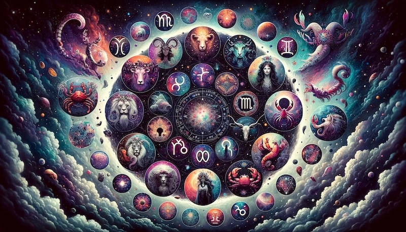 Ilustración del zodiaco con todos sus signos, tanto en forma de signos como de símbolos.